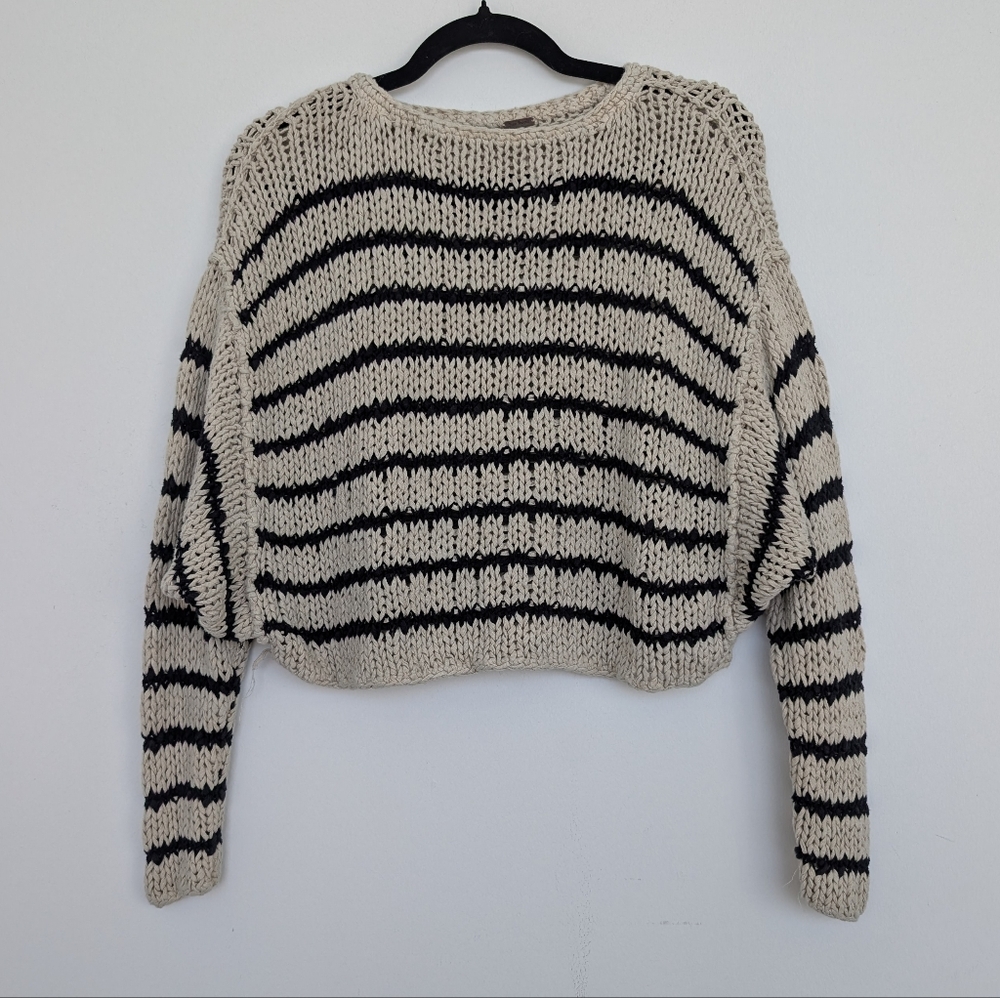 Free People Slouchy Woven Knit Striped Cropped Dolman Sleeve Sweater Sz S
